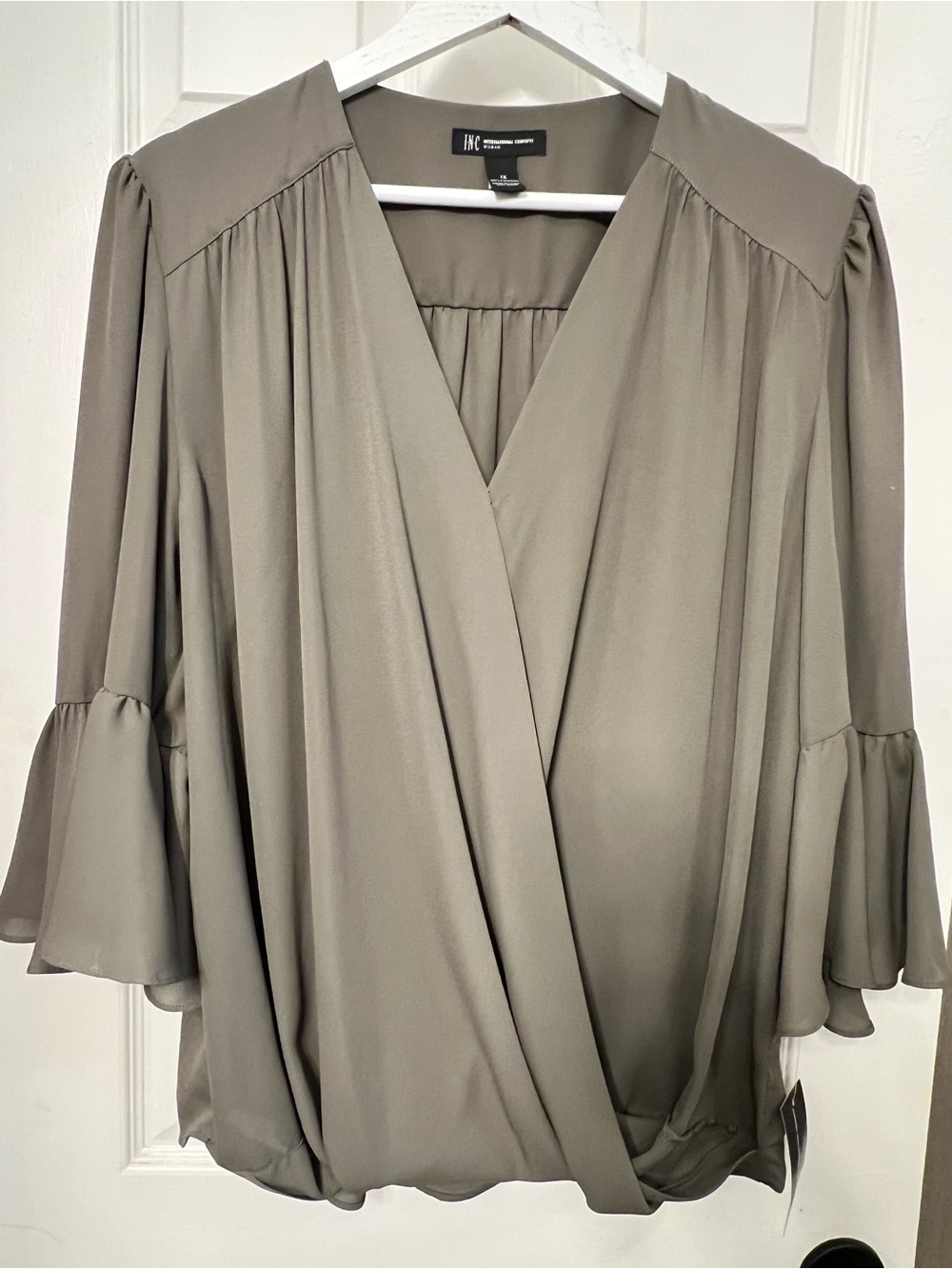 INC International Concepts Olive Green Draped Wrap Blouse